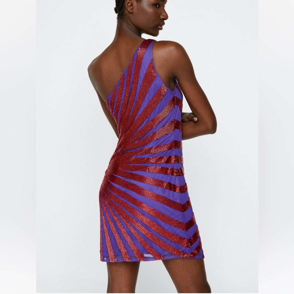 Nasty Gal One Shoulder Spiral Sequin Mini Dress US 12 red NWT - Picture 4 of 16